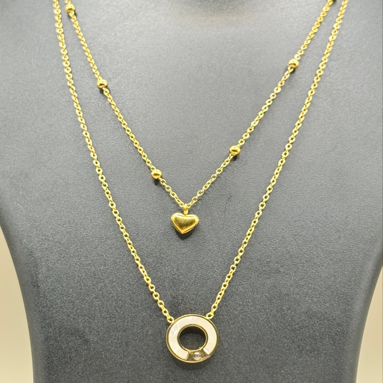 Circle With Heart Layered Pendant Necklace